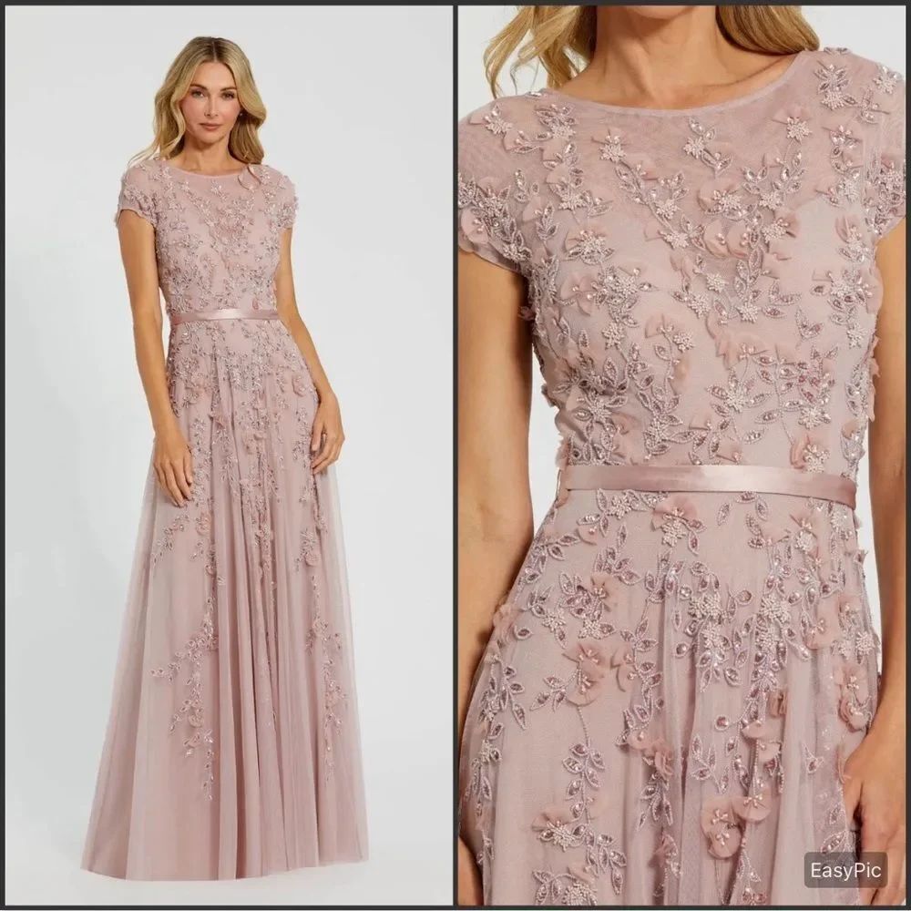 MAC DUGGAL 14521 Pink  Floral Embellished Short Sleeve Mesh Gown Dress